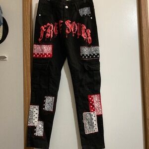 Signature Black Straight Jeans with Red and White Bandana Patchwork